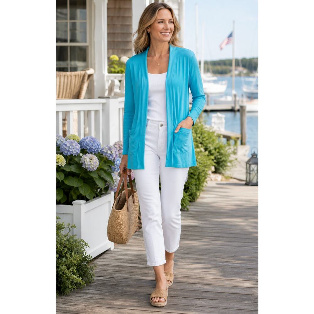 AJ Andrea Jovine Womens Azure Blue Open Front Cardigan Sweater M Cotton Coastal